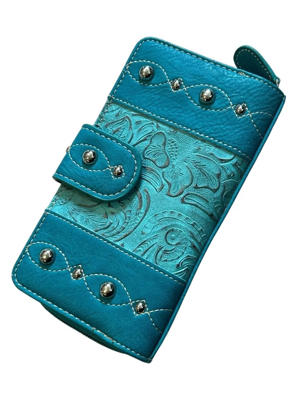 Turquoise Floral Tooled Wallet with Stud Accents
